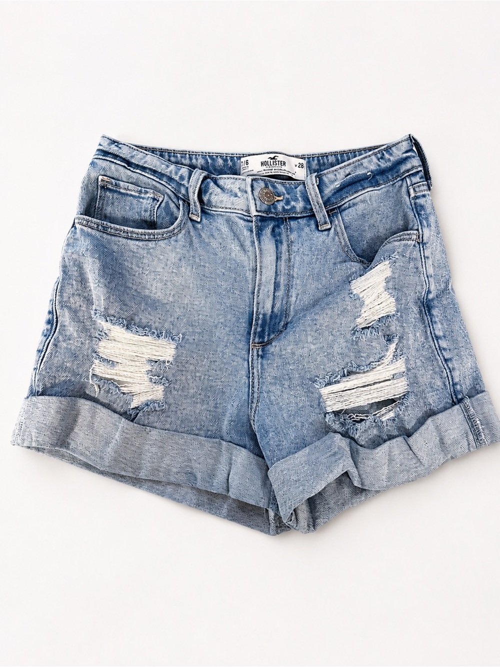 Hollister Light Wash Rolled Hem Distressed Denim Shorts